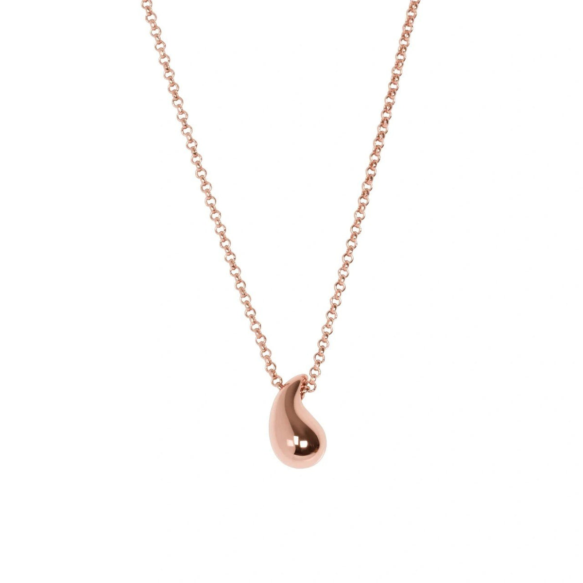 2. MyaMoon Droplet Necklace with high-polished teardrop pendant in rose gold plating, shown in studio setting