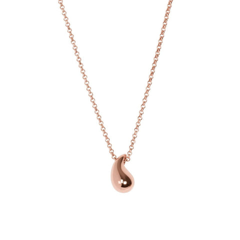 2. MyaMoon Droplet Necklace with high-polished teardrop pendant in rose gold plating, shown in studio setting