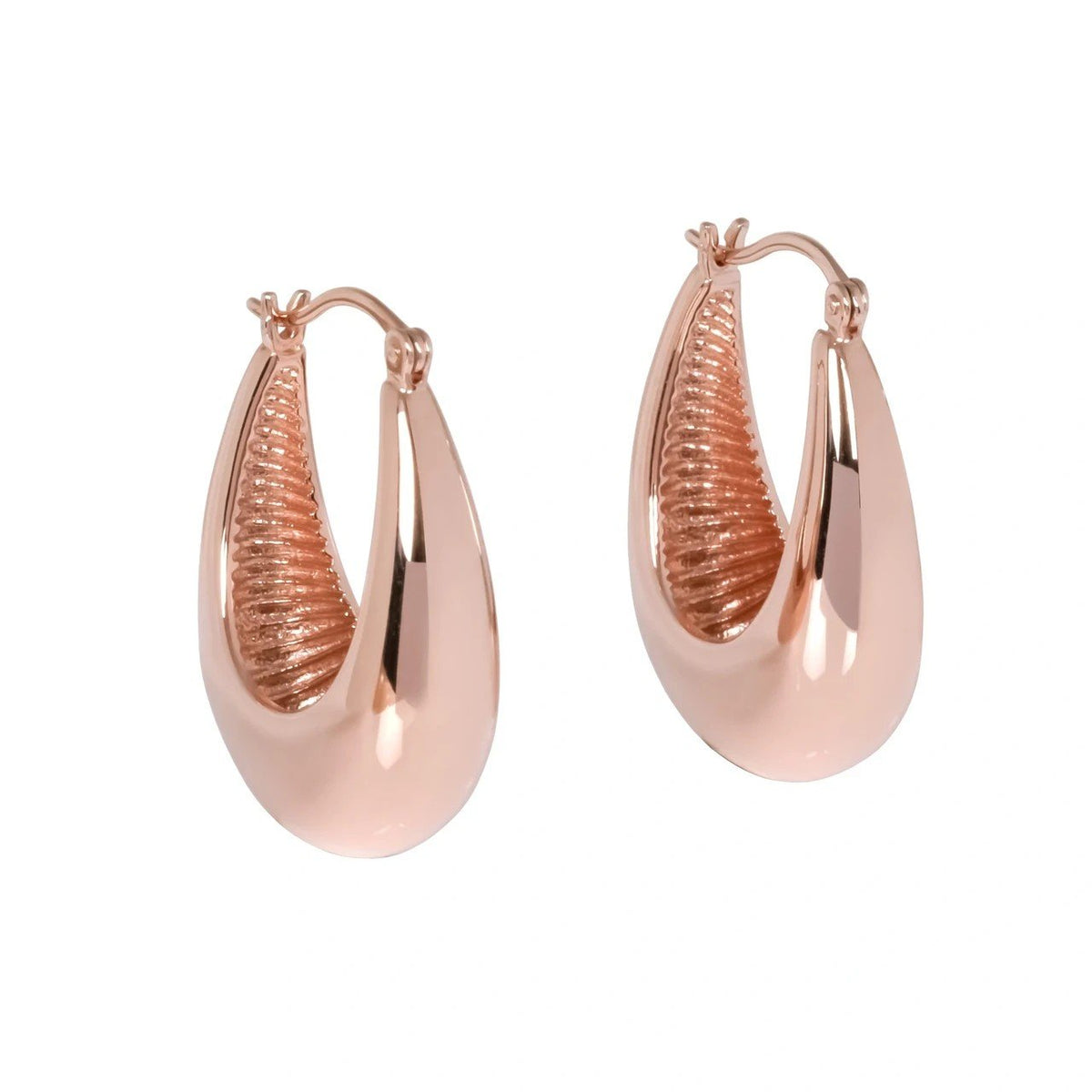 1. MyaMoon Penelope Hoops L Earrings in rose gold plating, featuring ultra-polished 25 mm hoops with a mirror-like surface and subtle wave pattern, shown in studio setting