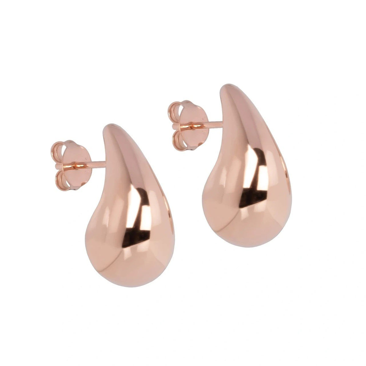 3. Close-up of MyaMoon Droplets M Earrings in rose gold plating with butterfly backs