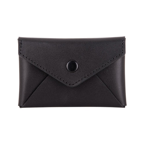 1. Black small envelope wallet by RR with press stud closure, shown in studio