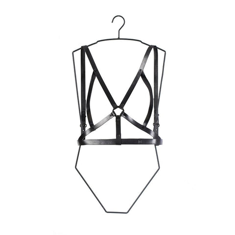 3. Studio shot of RR black leather body harness on hanger, back view showing adjustable straps