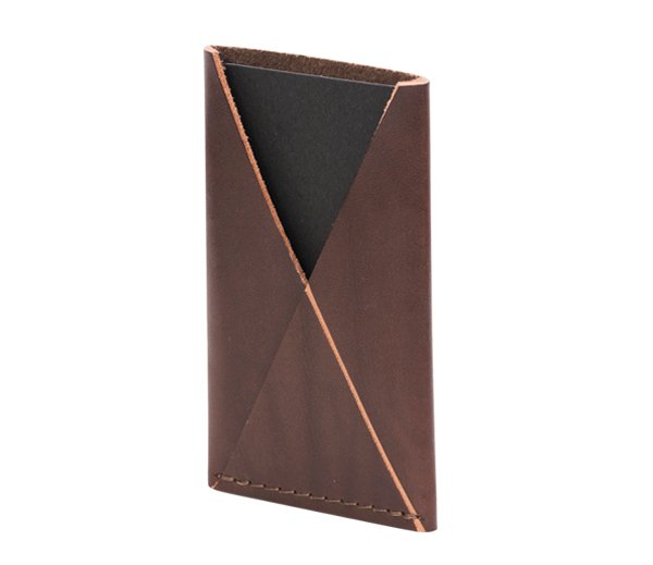 3. Studio shot of RR slim card holder in dark brown leather, angled view