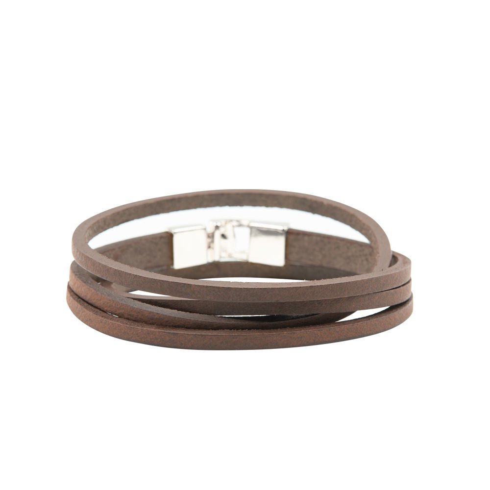 5. Brown double wrap slit bracelet with silver-tone clasp by RR, studio view