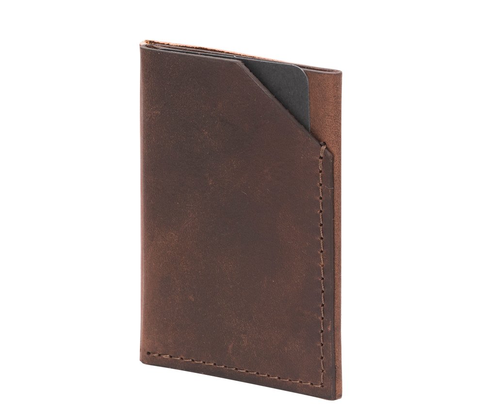 4. Dark brown leather double compartment card holder by RR, angled view in studio
