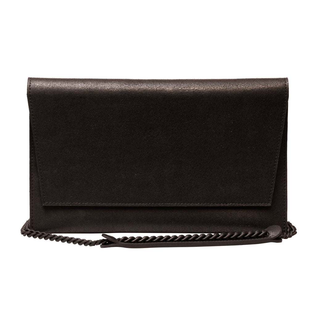 6. Studio image of RR black matte leather chain shoulder bag showing chain strap
