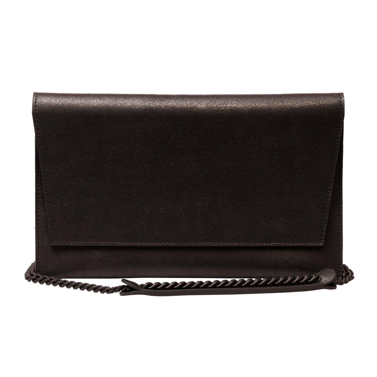 6. Studio image of RR black matte leather chain shoulder bag showing chain strap