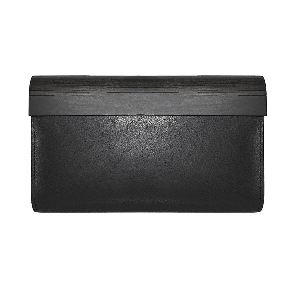 6. Studio shot of large glossy wood clutch by RR, back view showing leather craftsmanship