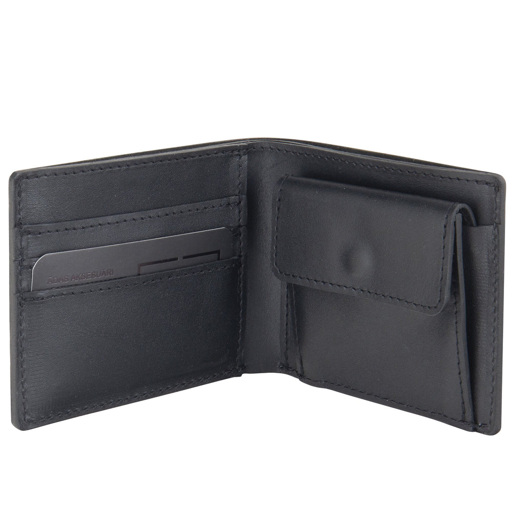 3. Inside view of black leather RR billfold wallet with coin pouch and card slots