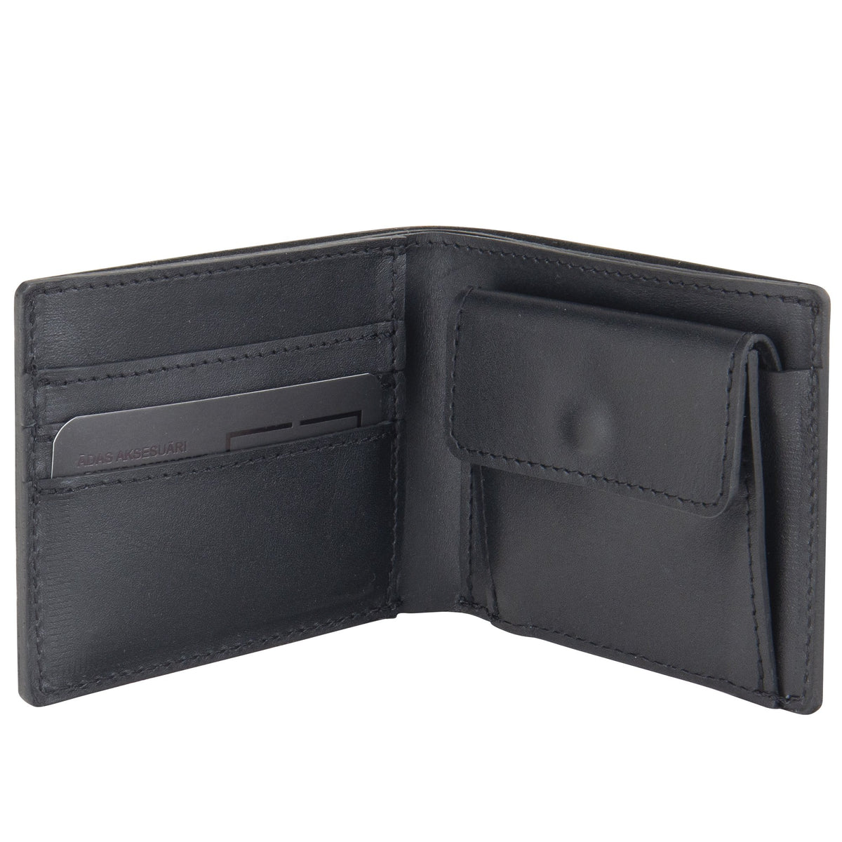3. Inside view of black leather RR billfold wallet with coin pouch and card slots