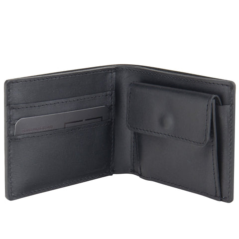 3. Inside view of black leather RR billfold wallet with coin pouch and card slots