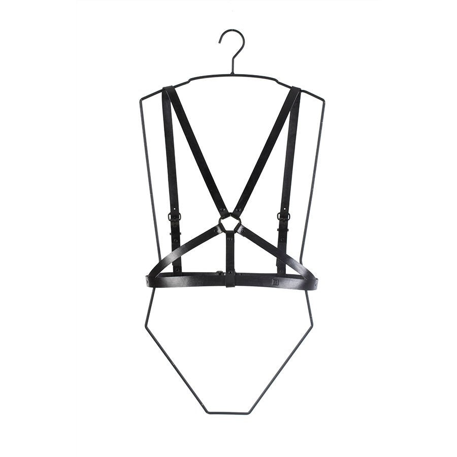 4. Studio shot of black leather body harness by RR on hanger, front view