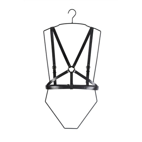 4. Studio shot of black leather body harness by RR on hanger, front view