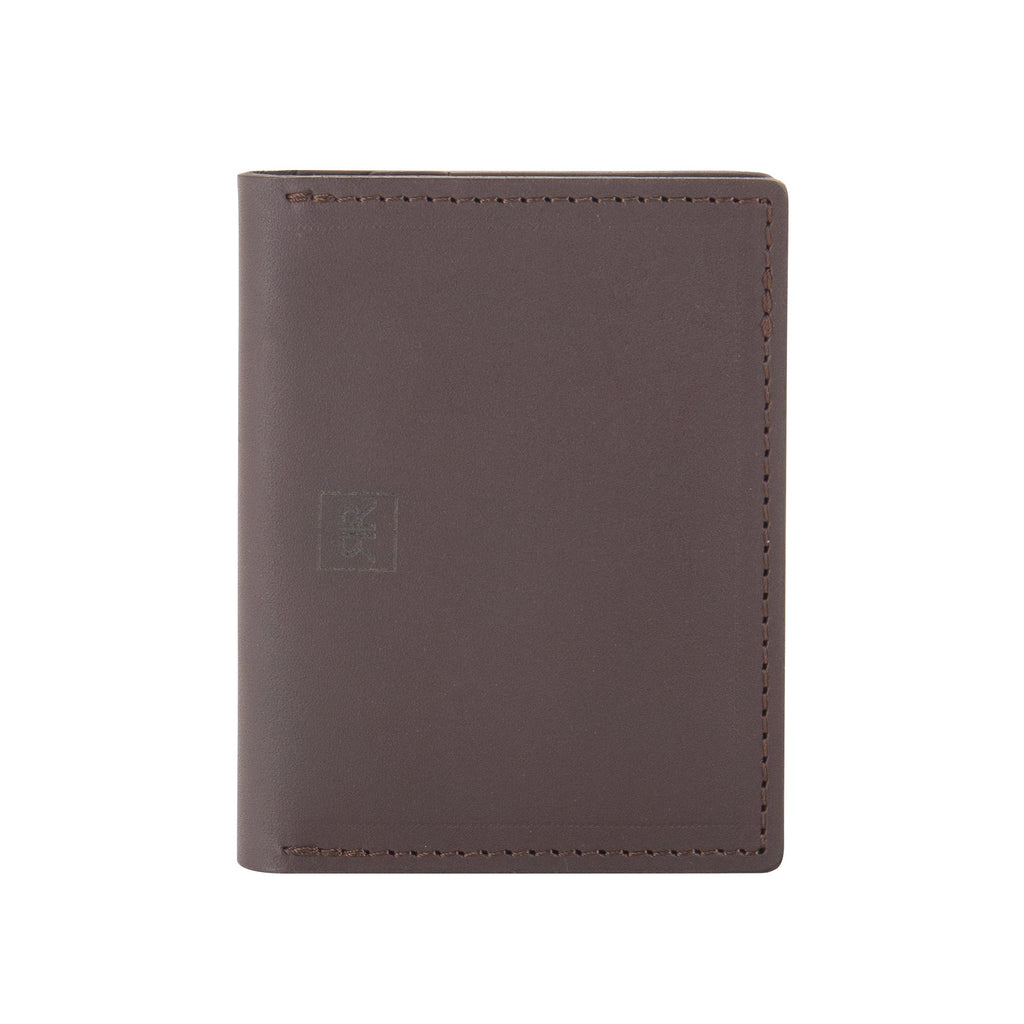 5. Front view of brown RR ID Billfold Wallet in genuine leather with subtle logo detail