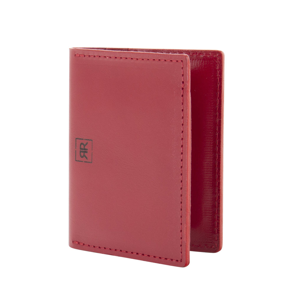 6. Angled view of red RR ID Billfold Wallet in genuine leather highlighting compact design