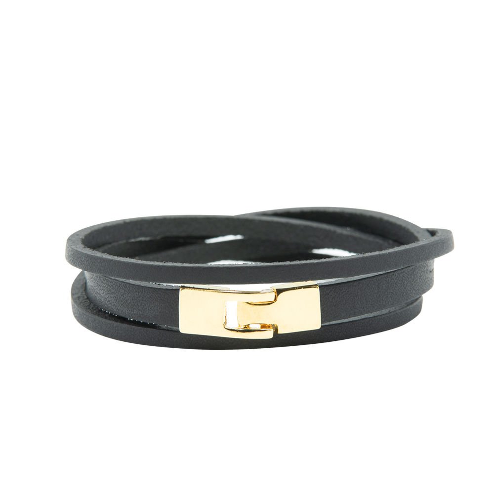 1. Black double wrap slit bracelet with golden T-bar hook clasp by RR, shown in studio