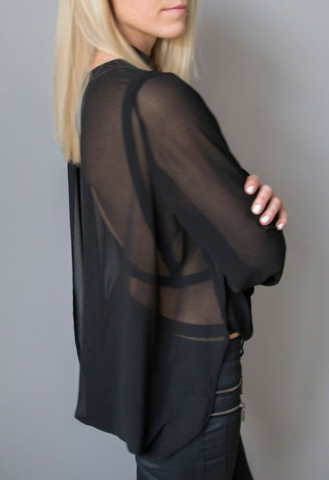 3. Side view of woman wearing RR Body Harness No 6 under sheer black top