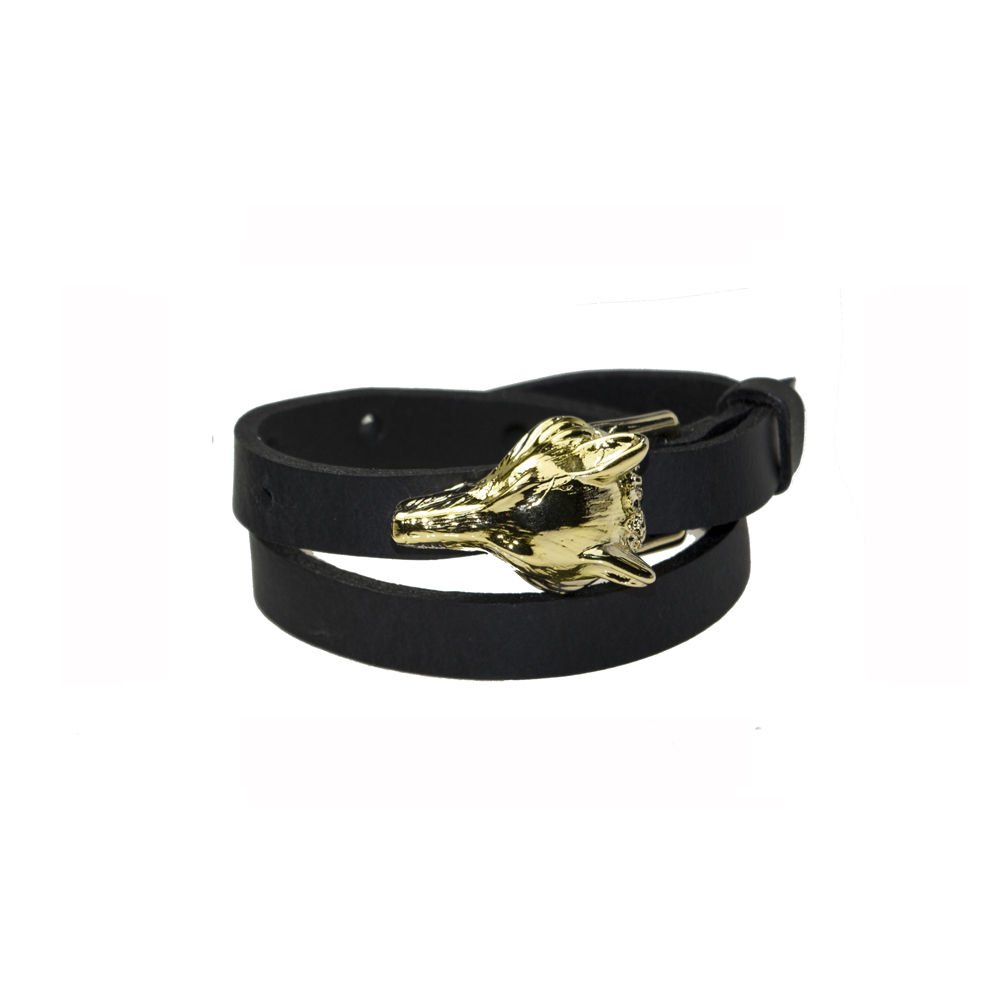 2. Close-up of RR black leather bracelet featuring gold wolf buckle, studio shot