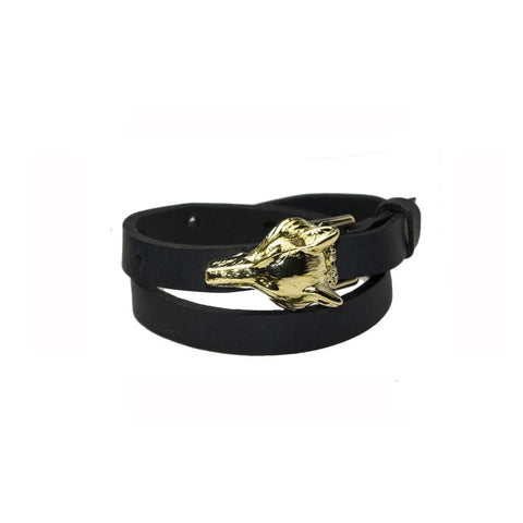 2. Close-up of RR black leather bracelet featuring gold wolf buckle, studio shot