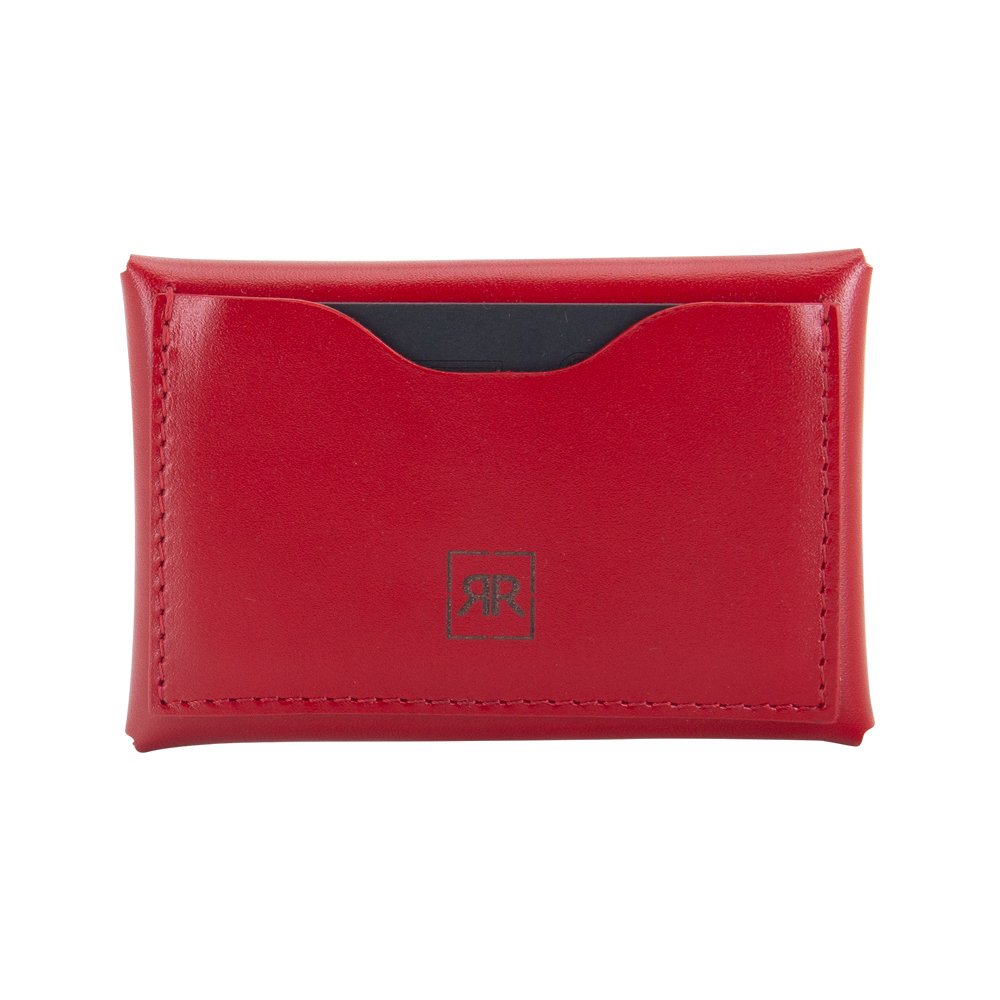 1. Red RR small envelope wallet with credit card slot and logo detail, shown in studio