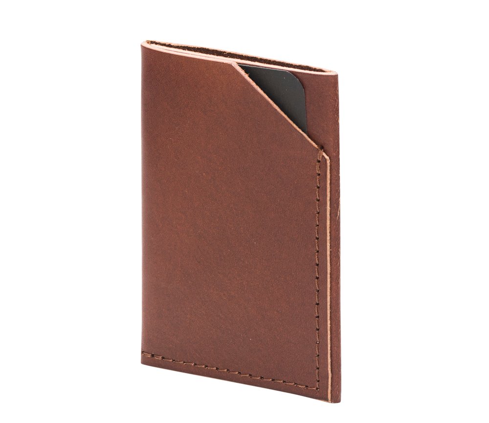 2. Brown leather double compartment card holder by RR, angled view in studio