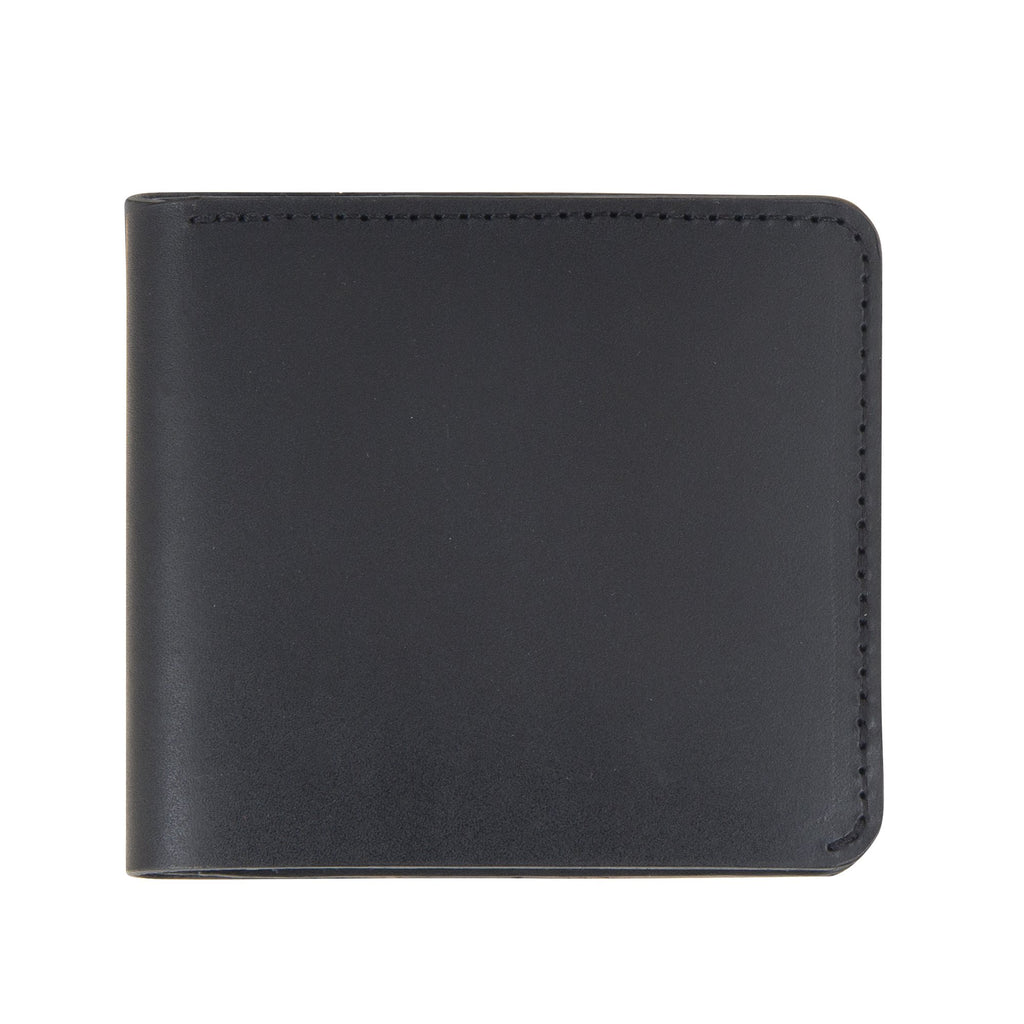 1. Black RR Billfold Wallet in genuine leather, shown closed in studio setting