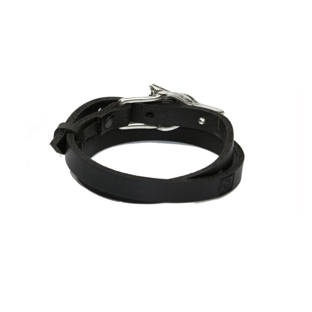 6. Side view of RR Wolf Leather Bracelet in black with silver wolf buckle, highlighting adjustable strap