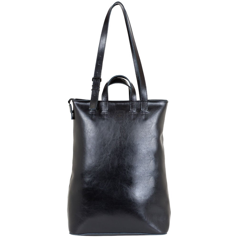 2. Studio image of RR structured tote bag in black, showing top handles and adjustable shoulder strap