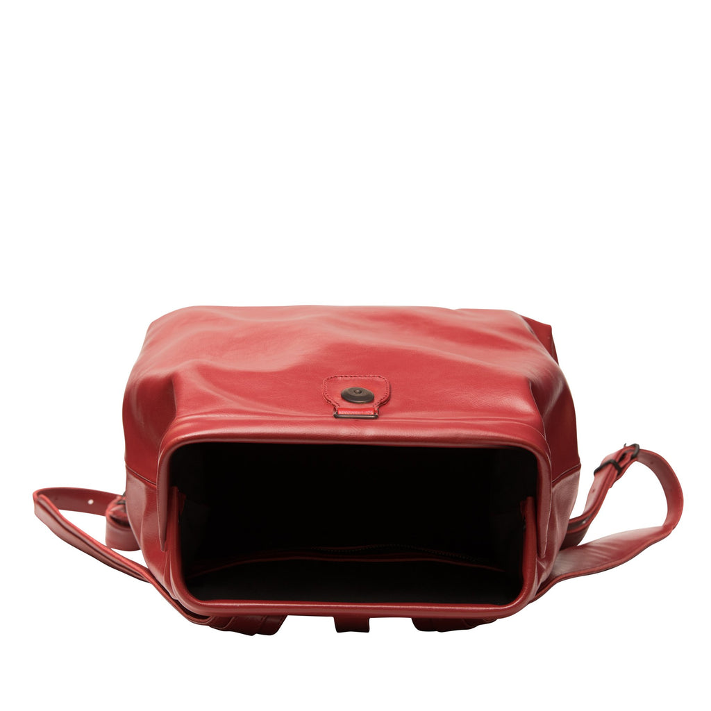 3. Open view of RR red leather backpack highlighting spacious interior and gaping frame opening