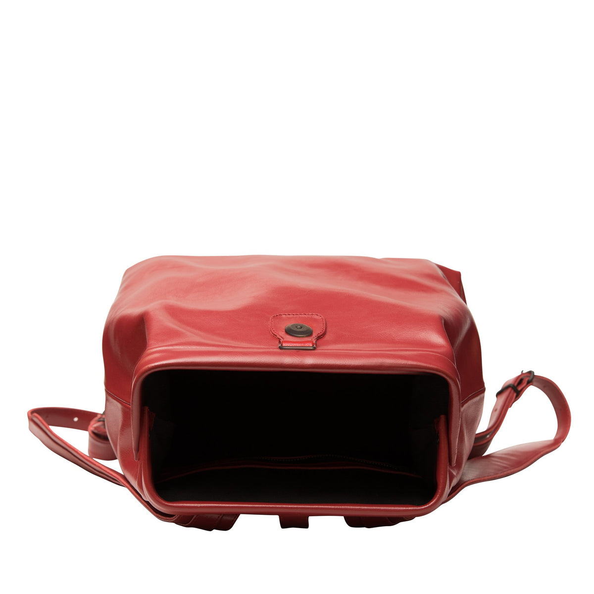 3. Open view of RR red leather backpack highlighting spacious interior and gaping frame opening