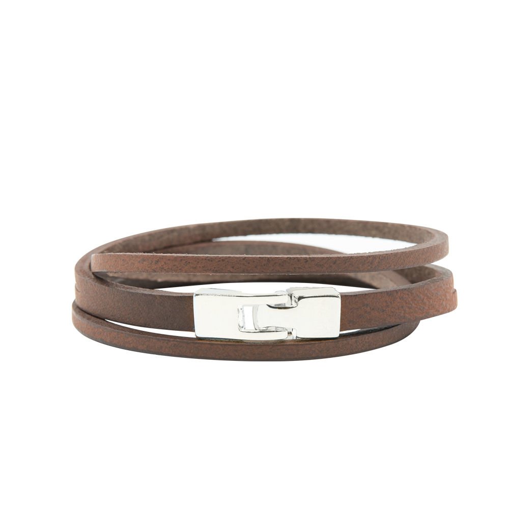 1. Brown double wrap slit bracelet with silver-tone T-bar hook clasp by RR, shown in studio