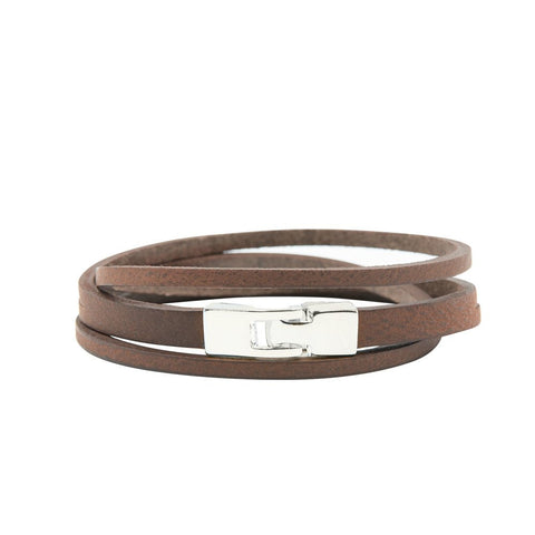 1. Brown double wrap slit bracelet with silver-tone T-bar hook clasp by RR, shown in studio