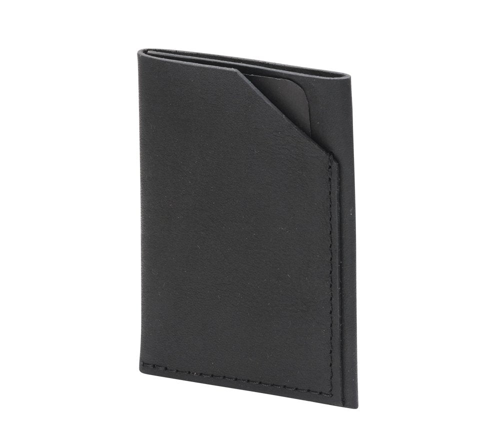 6. Black leather double compartment card holder by RR, angled view in studio