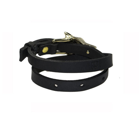 1. Black leather double wrap bracelet with gold wolf buckle by RR, shown in studio setting