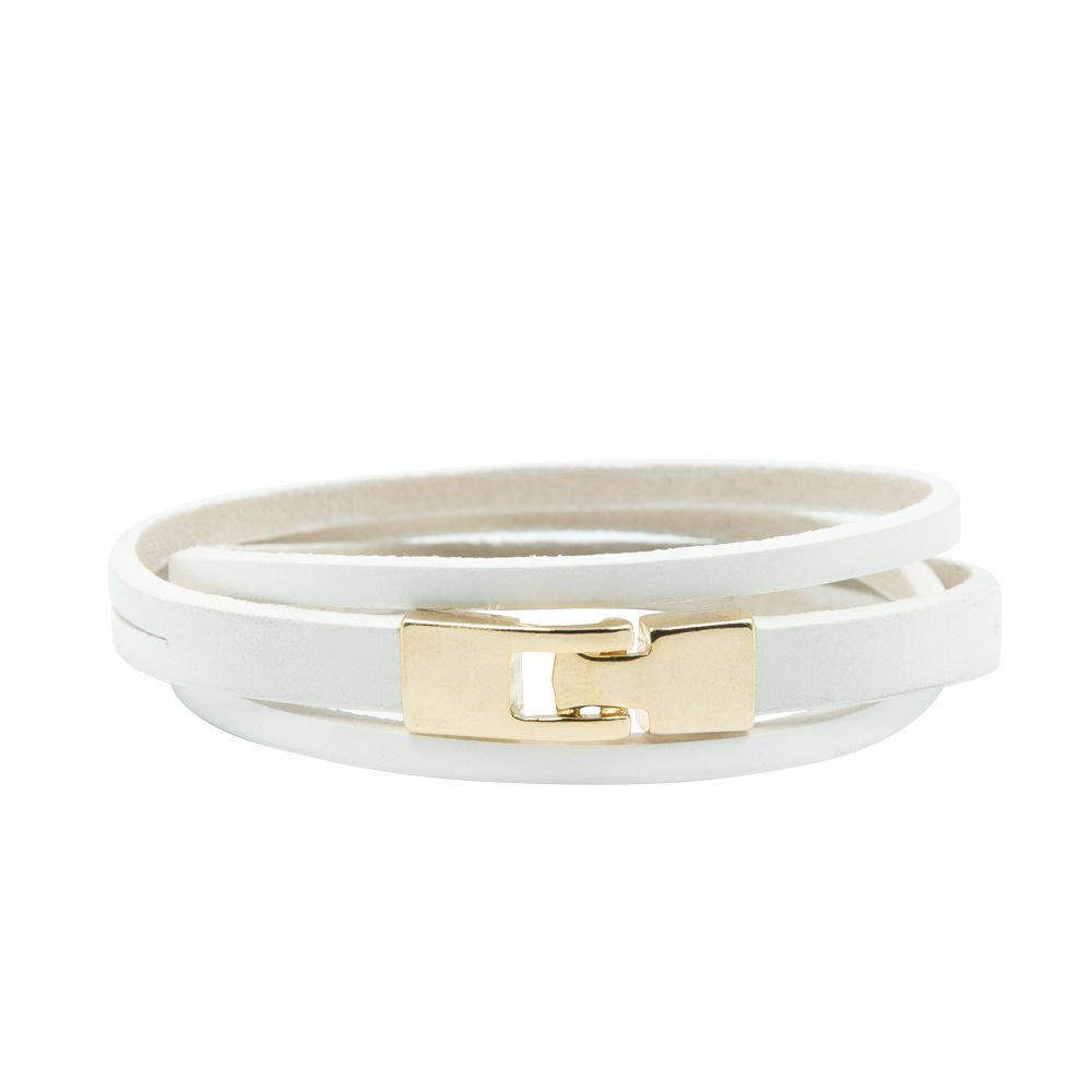 6. White leather double wrap bracelet featuring a golden clasp, displayed in studio