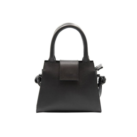 3. Studio shot of RR mini leather handbag with magnetic flap closure and reinforced handles