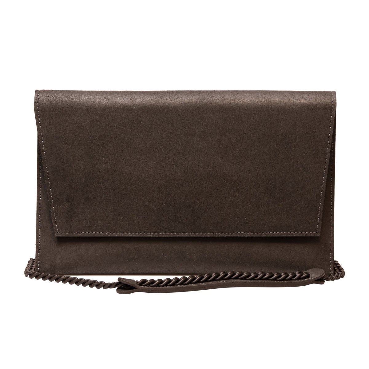 5. Studio shot of RR black matte leather chain shoulder bag with flap front