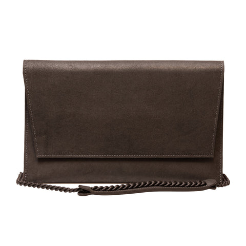 5. Studio shot of RR black matte leather chain shoulder bag with flap front