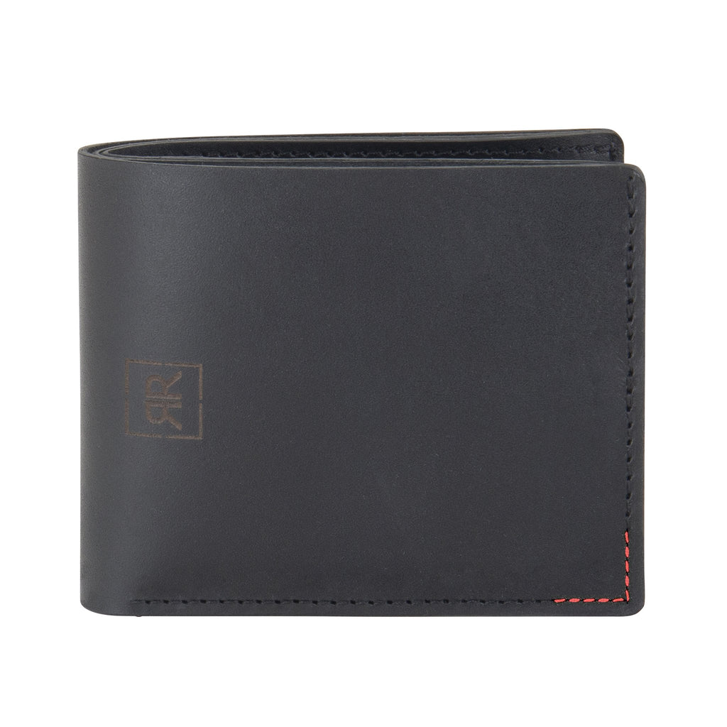 1. Black leather RR billfold wallet with red thread detail and logo, shown folded