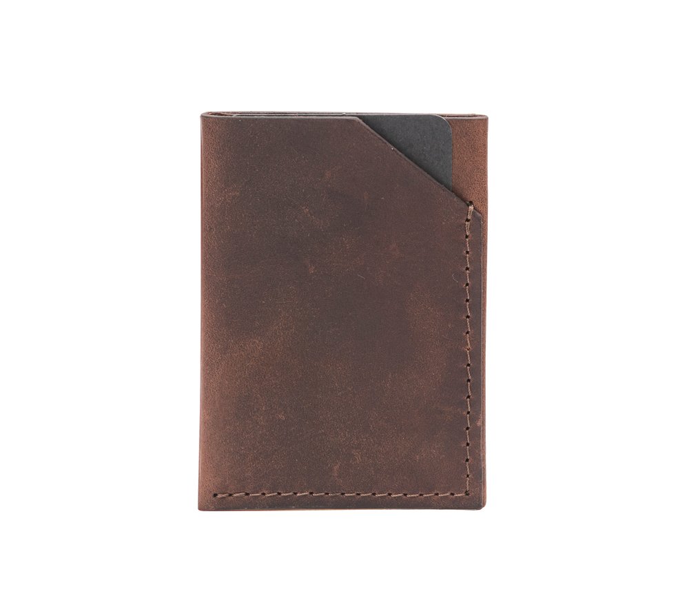 5. Dark brown leather double compartment card holder by RR, front view in studio