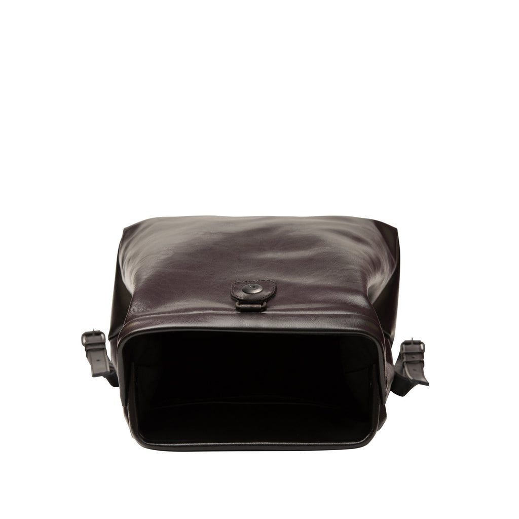 3. Top view of RR black leather backpack showcasing gaping frame opening and interior space