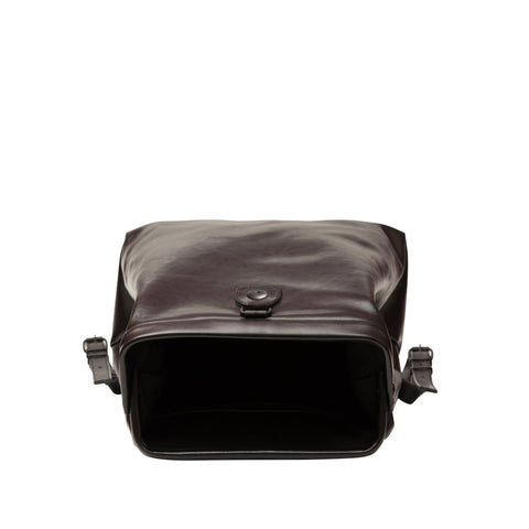 3. Top view of RR black leather backpack showcasing gaping frame opening and interior space