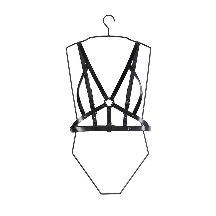 2. Studio shot of RR black leather body harness on hanger, front view highlighting design and craftsmanship