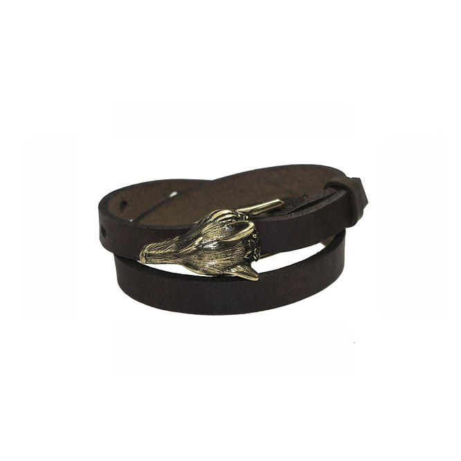 2. Studio shot of RR Wolf Leather Bracelet in dark brown with bronze wolf buckle
