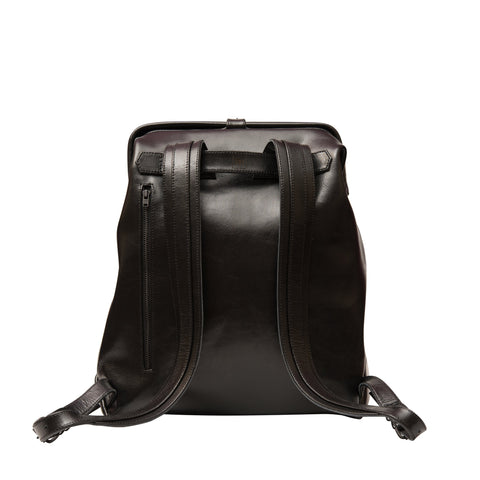 2. Back view of RR black leather backpack highlighting adjustable shoulder straps and zip pocket