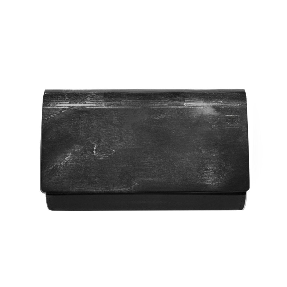 5. Front view of RR Small Glossy Wood Clutch, showcasing glossy black leather and matte wood finish