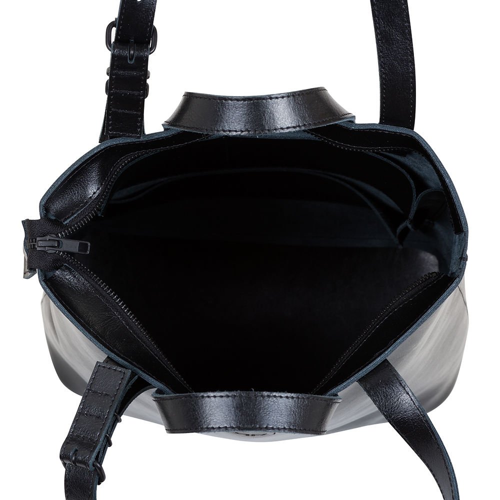 8. Interior view of RR structured tote bag in black, showing zip-top closure and pockets