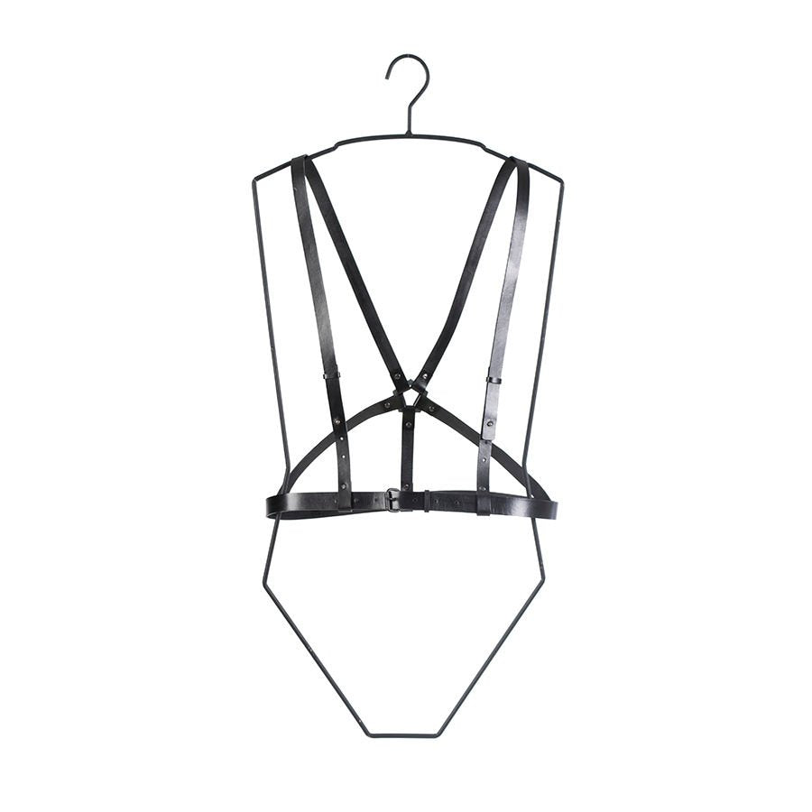4. Studio image of RR Body Harness No 6 in black leather on hanger