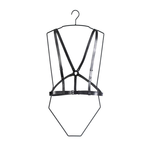 4. Studio image of RR Body Harness No 6 in black leather on hanger