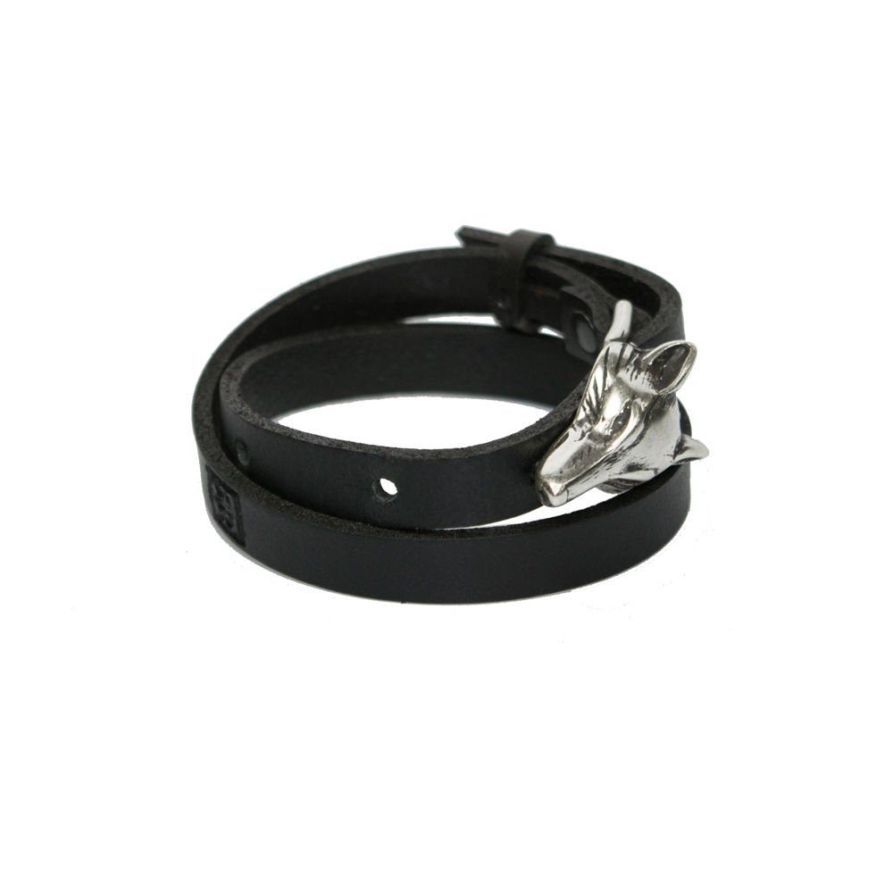 4. Studio image of RR Wolf Leather Bracelet in black with silver matte wolf buckle, double wrap design